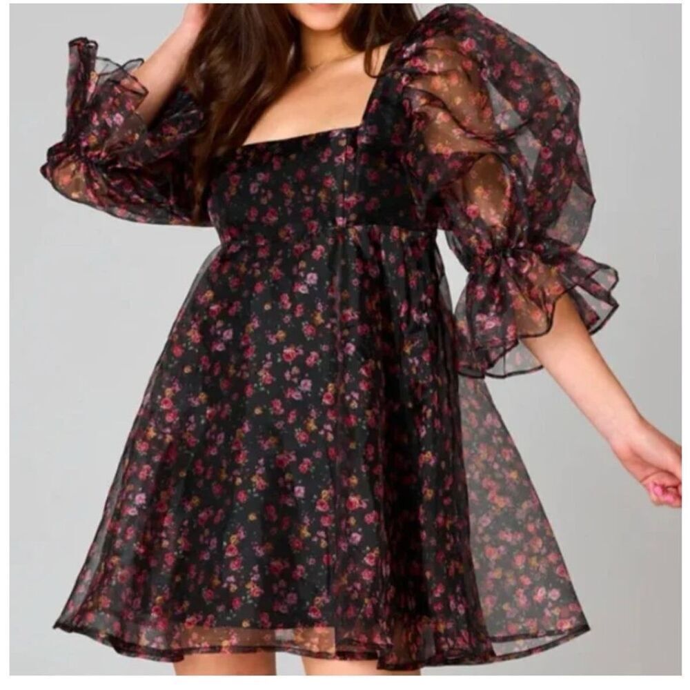 Buddy Love Betsy Floral Puffed Sleeve Mini Babydoll Dress Multicolor Size Small
